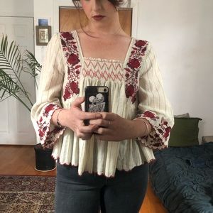 Zara Embroidered & Smocked Blouse